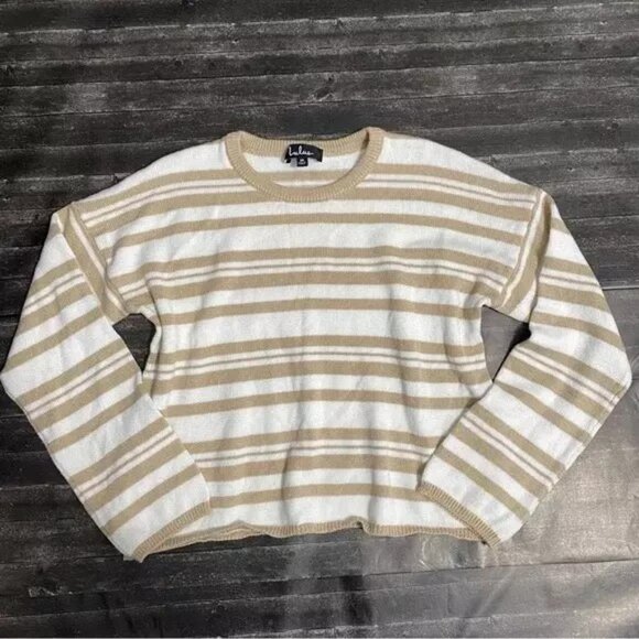 LULUS STRIPE TAN WHITE KNIT PULLOVER CROP TOP CASUAL BOHO NORMCORE COTTAGE - Picture 1 of 6
